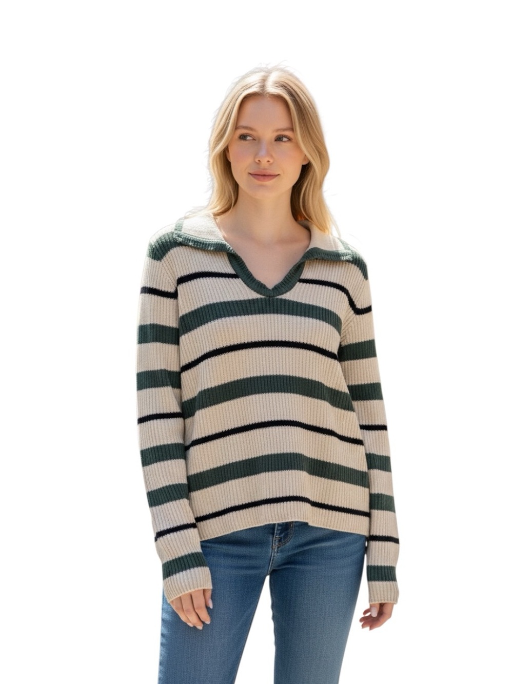 Zenana Outfitters Striped V-Neck Sweater - Cream, Green Size S